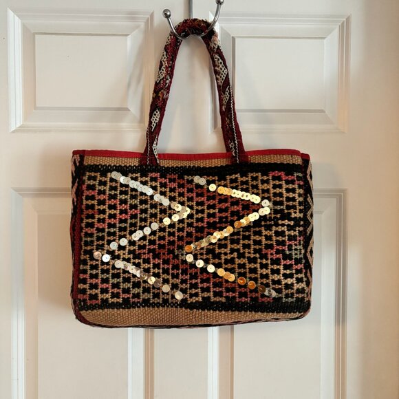 Vintage Anthropologie Kilim Carpet Bag Woven Tapestry Tote Sequin Boho Geometric - Picture 5 of 10